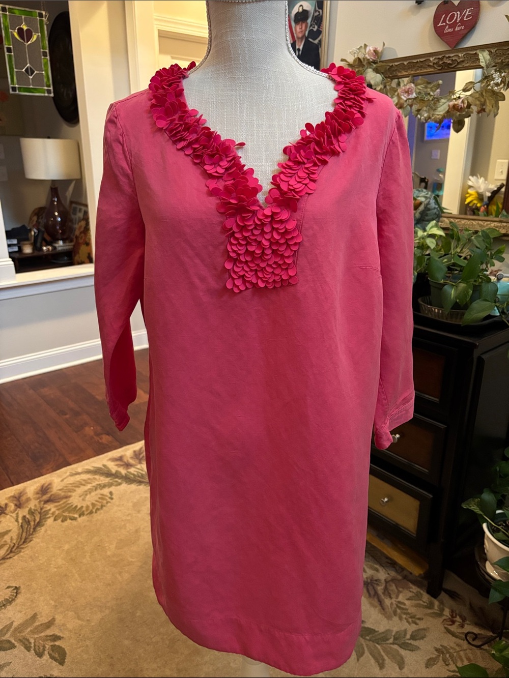 Boden Pink/coral  Floral Appliqué V-Neck Tunic Dress